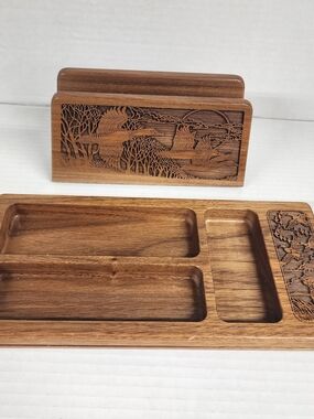 Vintage Lasercraft Wood Valet Tray Desk Organizer Letter Holder Set Ducks Birds